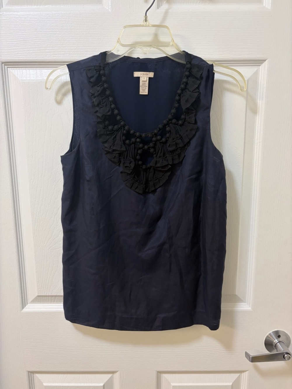 VINTAGE J. Crew Navy Sleeveless Blouse with Black Ruffle Bib